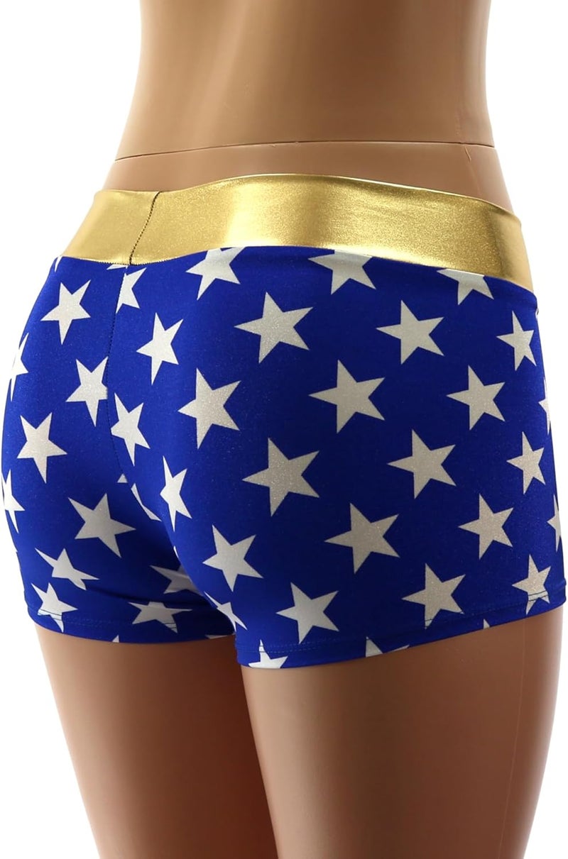Dilly Duds Royal Blue Spandex with White Stars - Shiny Gold Waistband - Mid Rise Booty Shorts with Full Coverage - Image 4